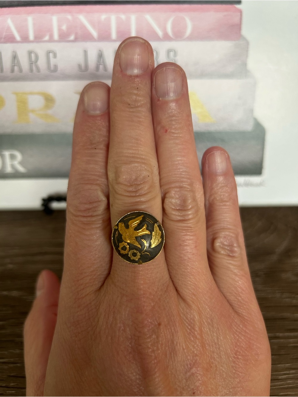 Gold and Black Round Bird Motif Ring - Women Jewelry